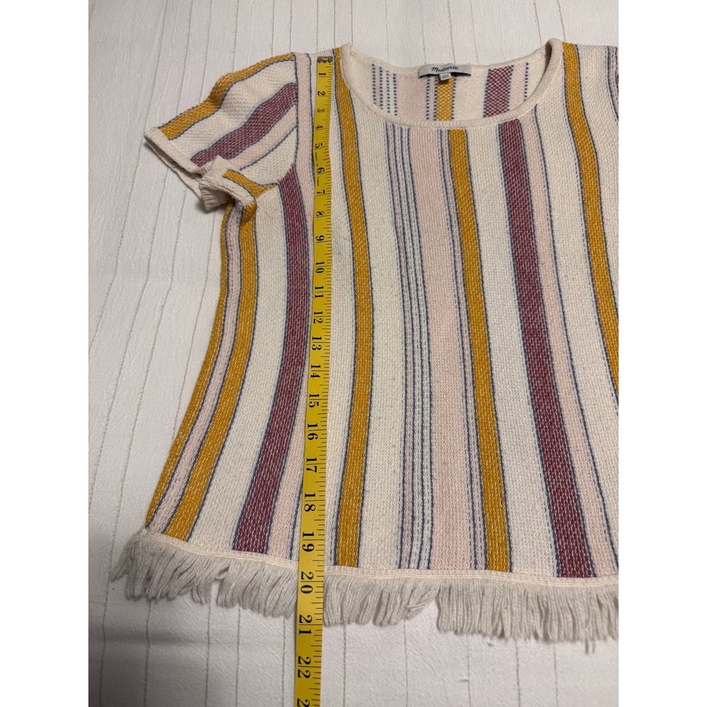 Madewell Striped Fringe Hem Sweater Tee Short Sleeve Cream Mustard Women's XXS - Picture 5 of 5